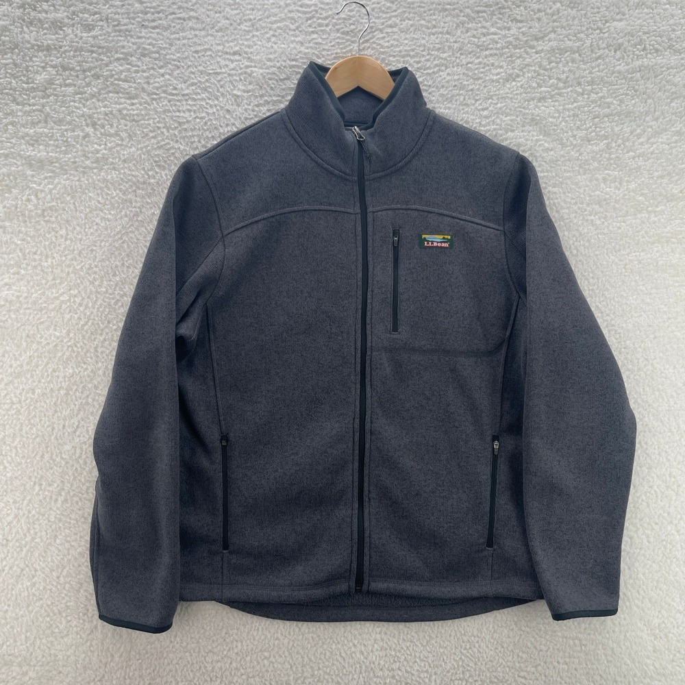 LL Bean Sweater Fleece Jacket Men Large Gray Slightly Fitted Outdoor Preppy Logo